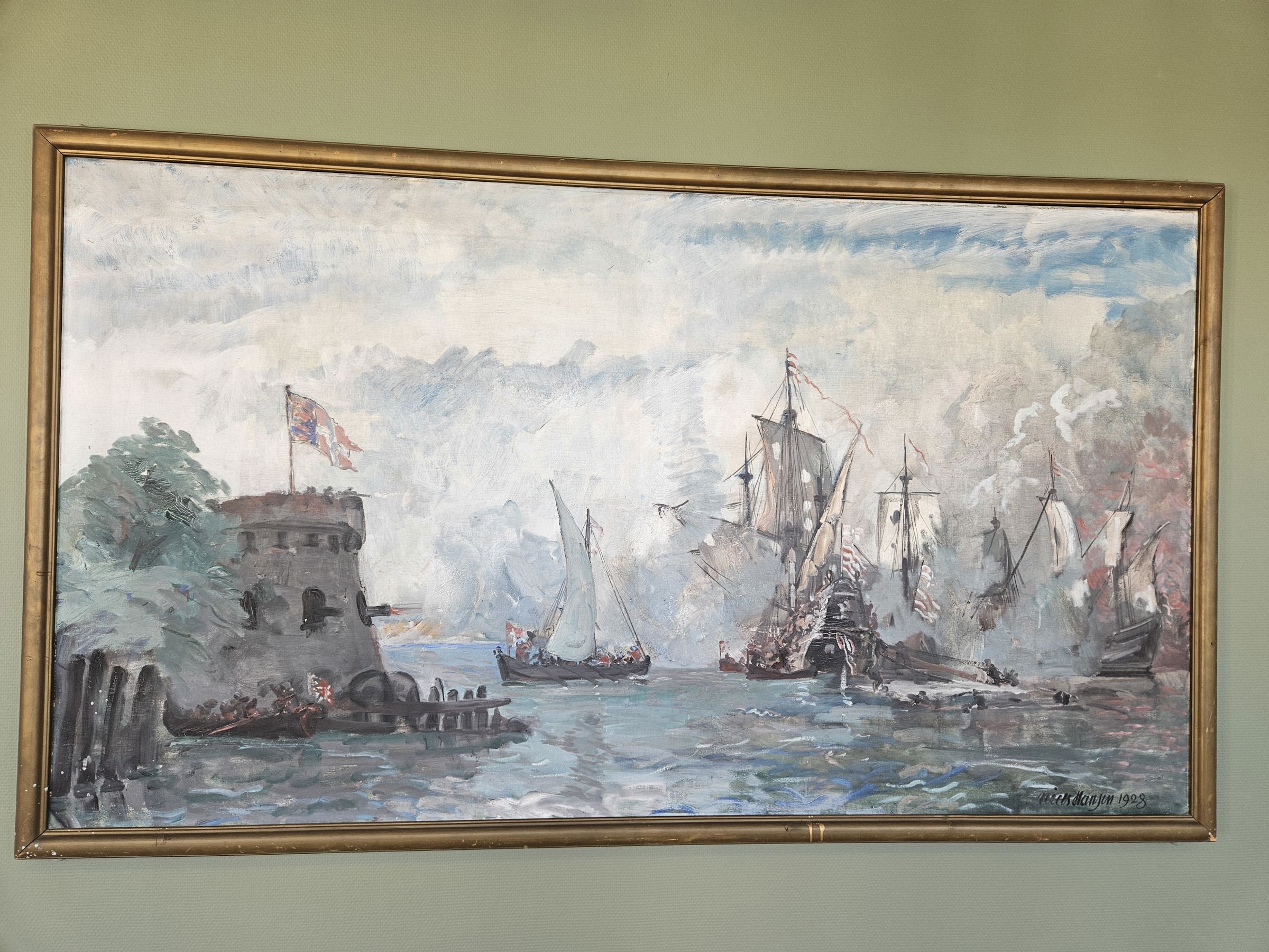 Billede af et maleri fra 1928 med skibe i krig.