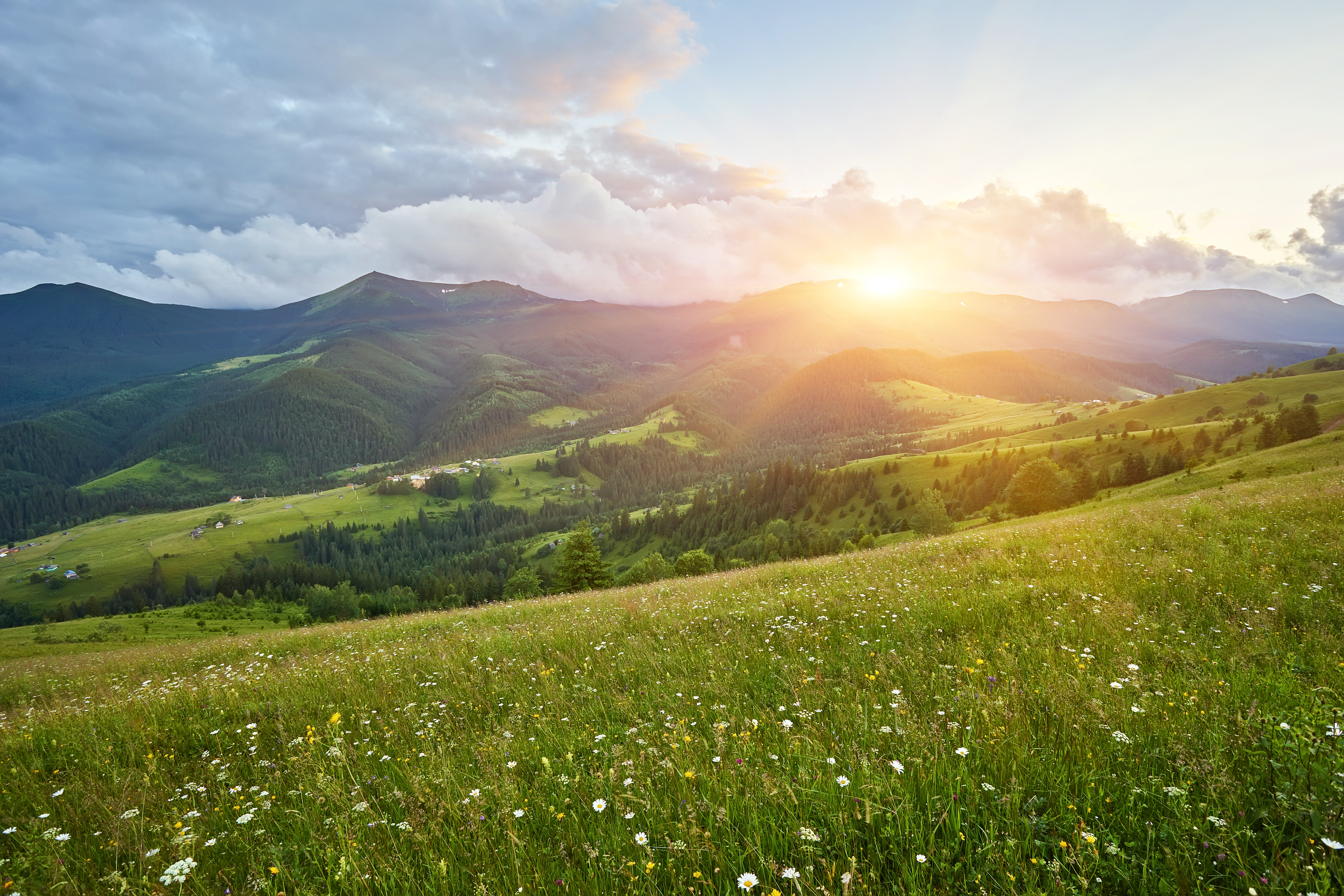 Sommer landskab med udsigt til bjerge og solnedgang